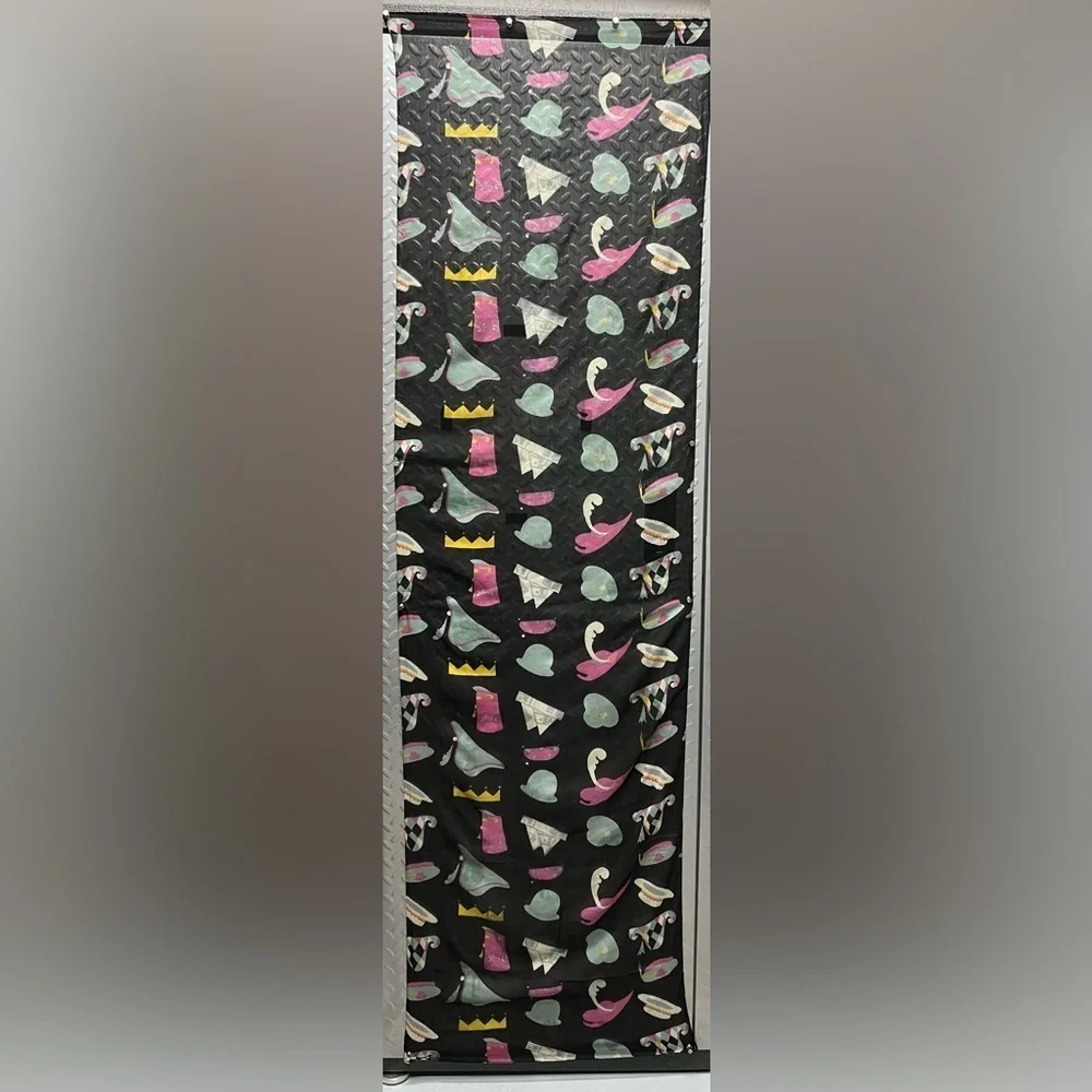 Vintage Black Scarf with Colorful Hat Print - 20” x 72”